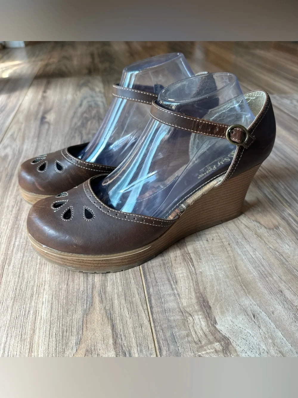 Vintage Self-Esteem Y2K Mary Jane Wedge Cutout Sandal Size 9 Sidekick Brown Shoe